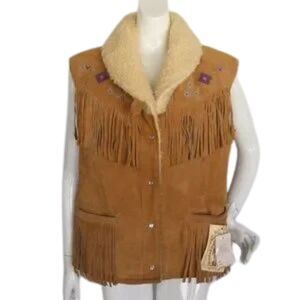 new WILLIAM BARRY Suede Vest, XL, Fringe, Sherpa lined, Southwestern, Snaps